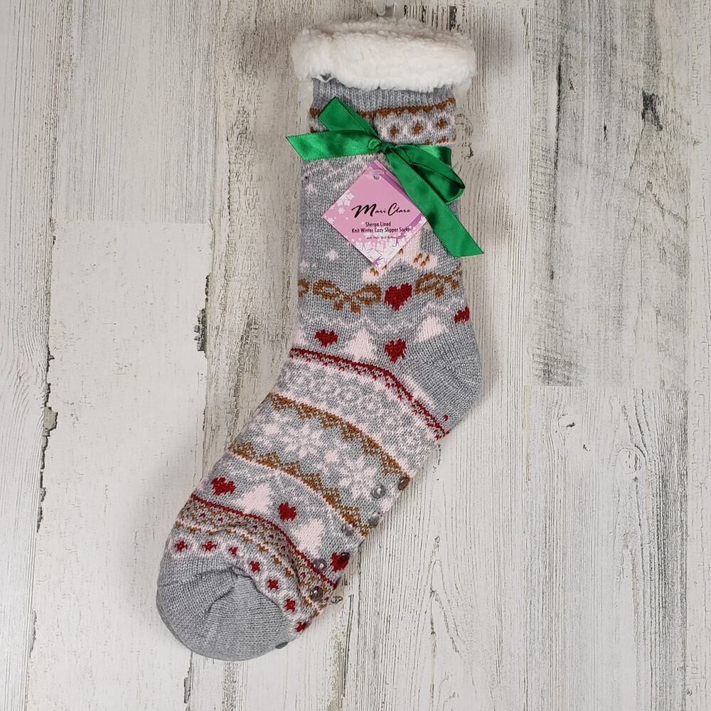 NWT Mari Clare Sherpa Lined Knit Winter Holiday Design No-Slip Slipper Socks